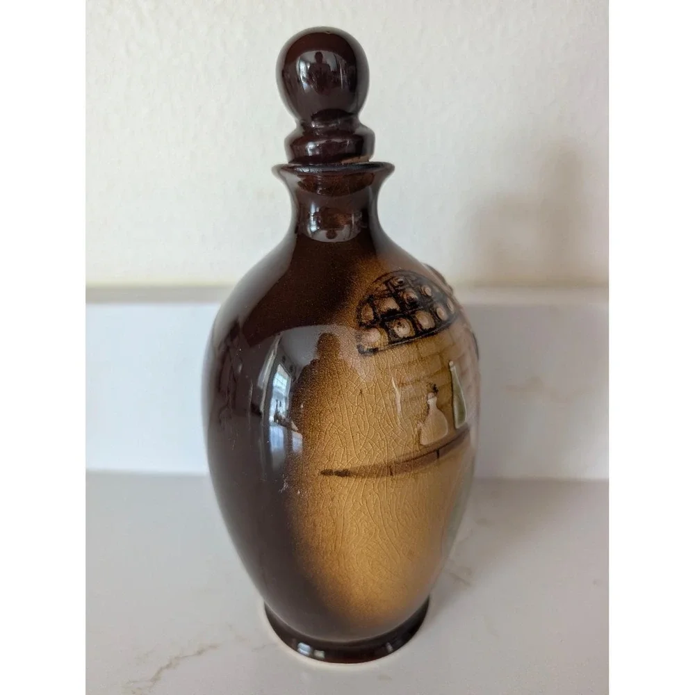 Vintage Monk Ceramic Decanter Brown Ombre Glaze Relief 3D Design with Stopper